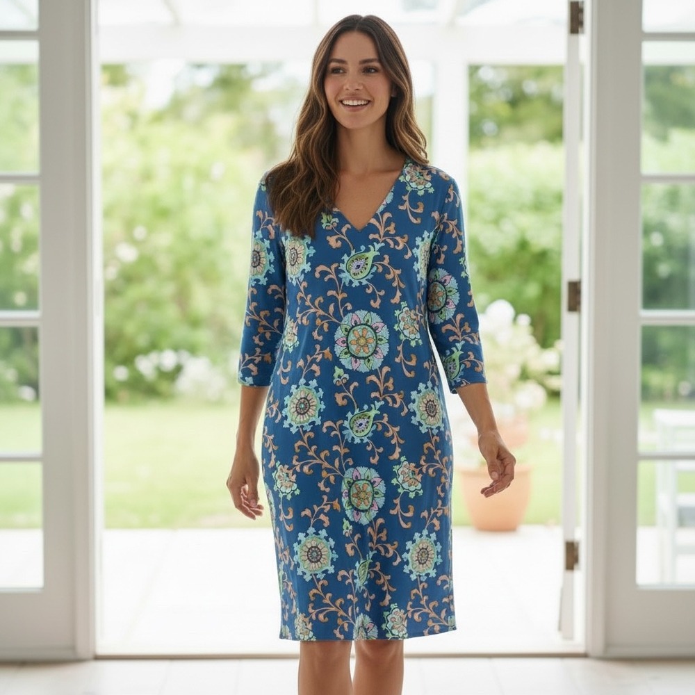 J McLaughlin Catalina Cloth Floral Paisley Shift Dress Sz XL Blue Stretch Preppy
